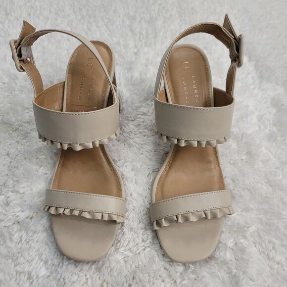 LC Lauren Conrad Etta Slingback Sandals Womens Size 8 Cream Two Band Ruffle Trim - Picture 2 of 10